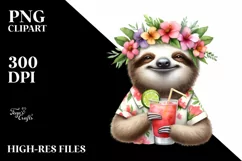 Young Sloth Enjoying Cocktail Watercolor Clipart Product Image 1