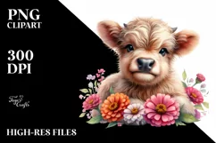 Cute Baby Highland Cow Flowers Clipart Product Image 1