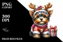 cute Watercolor Yorkshire Terrier with Reindeer Horns and Product Image 1