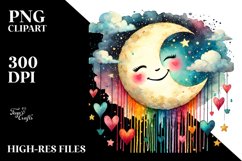 Smiling Moon with Hearts Watercolor PNG Product Image 2