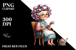 Old Lady Character Sitting on Chair with Tea Cup Product Image 2