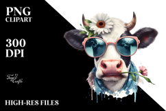 Funny Cow with Sunglasses and Flower, Watercolor PNG Product Image 2