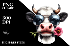 Watercolor Funny Cow with Funny Sunglasses PNG Product Image 2