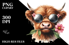 Happy Highland Cow with Sunglasses, Cartoon PNG Product Image 2