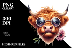 Happy Highland Cow with Sunglasses, Cartoon PNG Product Image 2