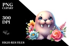 Colorful Walrus Moon Flowers Watercolor | Clipart Product Image 1