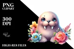 Colorful Walrus Moon Flowers Watercolor | Clipart Product Image 1