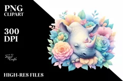 Colorful Rhino Sleeping Flower | Sublimation | Clipart Product Image 1