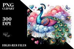 Adorned Peacock on Cloud with Hanging Hearts PNG Product Image 2