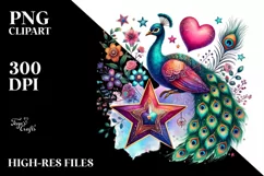 Boho Peacock on Star with Heart, Colorful PNG Product Image 2