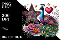 Boho Peacock on Star with Heart, Colorful PNG Product Image 2