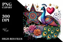 Boho Peacock on Star with Heart, Colorful PNG Product Image 2
