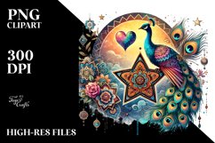 Boho Peacock on Star with Heart, Colorful PNG Product Image 2