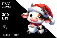 Watercolor Cow with Santa Hat PNG Product Image 3