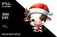 Watercolor Cow with Santa Hat PNG Product Image 1