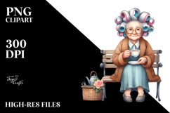 Old Lady Character Sitting on Bench with Tea Cup Product Image 2