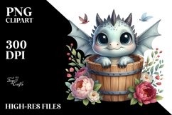 Cute Baby Dragon in Wood Bucket PNG Product Image 2
