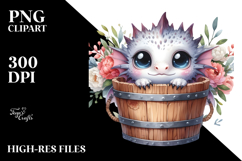 Cute Baby Dragon in Wood Bucket PNG Product Image 2