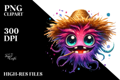 Funny Hipster Kraken with Hay Straw, Watercolor PNG Product Image 2
