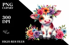 Colorful Cow with Flower Crown, PNG Product Image 1