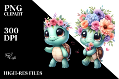 Expressive Turtle with Flower Bouquet | Sublimation Clipart Product Image 2