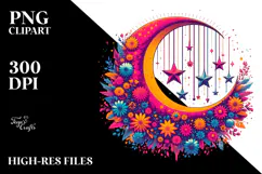 Retro Half Moon with Stars and Flowers PNG Product Image 2