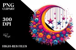 Retro Half Moon with Stars and Flowers PNG Product Image 3