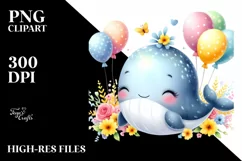 Colorful Baby Whale with Balloons | Sublimation Clipart Product Image 1