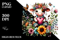 Cute Cow on Flower with Heart, Colorful PNG Product Image 2