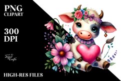 Cute Cow on Flower with Heart, Colorful PNG Product Image 2