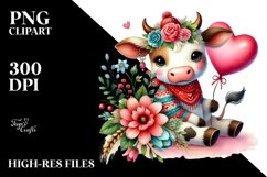 Cute Cow on Flower with Heart, Colorful PNG Product Image 2