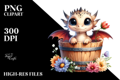 Cute Baby Dragon in Wood Bucket PNG Product Image 2