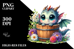 Cute Baby Dragon in Wood Bucket PNG Product Image 2