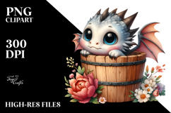 Cute Baby Dragon in Wood Bucket PNG Product Image 2