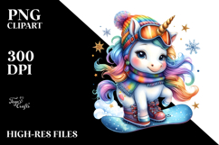 Colorful Baby Unicorn with Snowboard, PNG Product Image 2