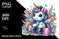 Colorful Unicorn with Snowboard PNG Product Image 1