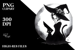 Gothic Witch with Cat Watercolor PNG Product Image 2