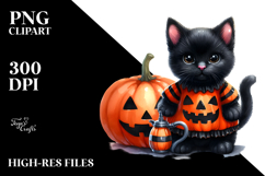 Watercolor Baby Black Cat with Pumpkin, Transparent PNG Product Image 2