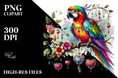 Adorned Parrot on Tree Branch, PNG Product Image 2