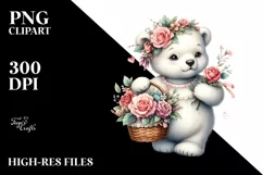Cute Baby Polar Bear with Flowers | Sublimation | Clipart Product Image 1
