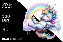 colorful Unicorn Swinging from Rainbow, Watercolor PNG Product Image 1
