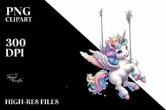colorful Unicorn Swinging from Rainbow, Watercolor PNG Product Image 1