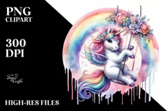 colorful Unicorn Swinging from Rainbow, Watercolor PNG Product Image 3