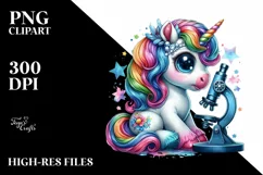 colorful Unicorn with Microscope, Watercolor PNG Product Image 1