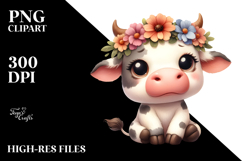 Whimsical Cow with Flower Crown, Watercolor PNG Product Image 2