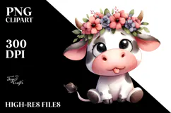 Whimsical Cow with Flower Crown, Watercolor PNG Product Image 2
