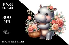 Whimsical Baby Hippo with Roses | Sublimation | Clipart Product Image 1