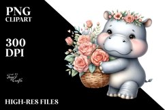 Cute Baby Hippo with Flowers | Sublimation | Clipart Product Image 1