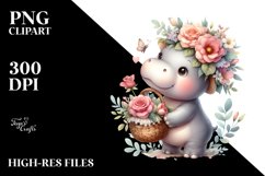 Whimsical Baby Hippo with Roses | Sublimation | Clipart Product Image 1