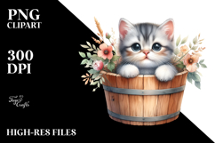 Cute Baby Cat in Wood Bucket PNG Product Image 2